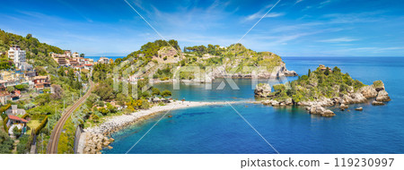 Panoramic view of beautiful Isola Bella, small island near Taormina, Sicily, Italy Panoramic view of beautiful Isola Bella, small island near Taormina, Sicily, Italy 119230997