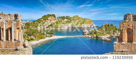 Panoramic collage with ruins of ancient Greek theatre and Isola Bella in Taormina, Italy. Panoramic collage with ruins of ancient Greek theatre and Isola Bella in Taormina, Italy. 119230998