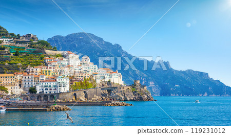 Beautiful seaside city Amalfi in province of Salerno, in region of Campania, Italy 119231012