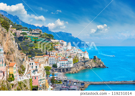 Beautiful seaside city Amalfi in province of Salerno, in region of Campania, Italy 119231014
