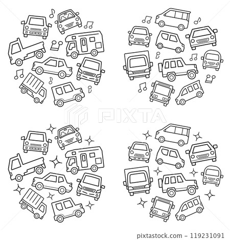 帶有閃光和音符的汽車圖標圓形畫廊(中型線條圖) 帶有閃光和音符的汽車圖標圓形畫廊(中型線條圖) 119231091