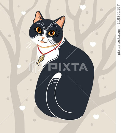 black white cat cartoon, icon illustration, cat silhouette of a cat isolated on a grey tree background 119231197