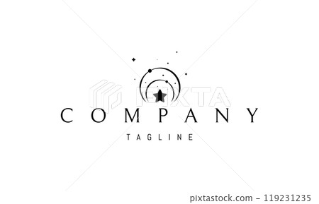 Vector logo with an abstract image of a star against the background of orbits with planets. 119231235