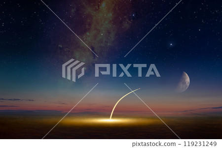 Aerial view of space shuttle taking off, crewed mission to Moon 119231249