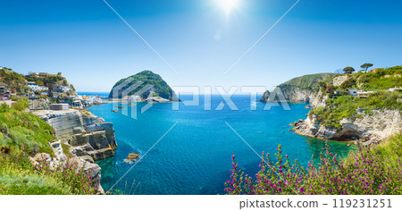 Panoramic collage of neighborhood of small village Sant'Angelo, Ischia Island, Italy. 119231251