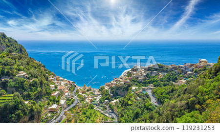 Aerial view of beautiful Positano on Amalfi Coast in Campania, Italy 119231253