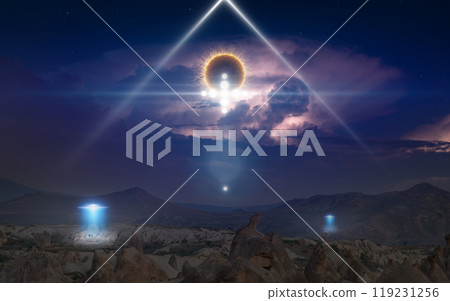 Alien ships inspect the planet's surface with bright spotlights, extraterrestrial spherical life form fly in dark night sky Alien ships inspect the planet's surface with bright spotlights, extraterrestrial spherical life form fly in dark night sky 119231256