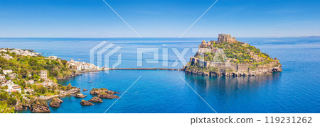 Aerial panoramic view of Aragonese Castle located in sea near Ischia island, Italy. 119231262
