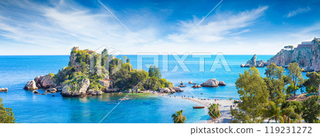 Panoramic view of Isola Bella, small island near Taormina, Sicily, Italy. Panoramic view of Isola Bella, small island near Taormina, Sicily, Italy. 119231272