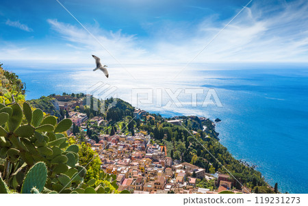 Aerial view of Taormina resort town located in Metropolitan City of Messina, on east coast of Sicily island, Italy. 119231273