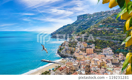 Blue sea and beach in Minori, Amalfi Coast, Campania, Italy. Blue sea and beach in Minori, Amalfi Coast, Campania, Italy. 119231281