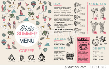 Summer menu, template design. Food flyer. Hand-drawn style. Vector illustration Summer menu, template design. Food flyer. Hand-drawn style. Vector illustration 119231312