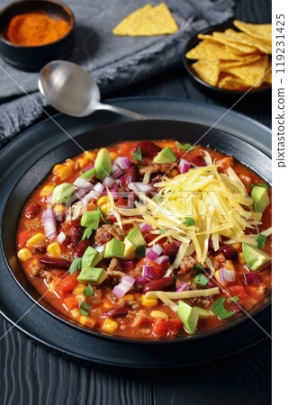 taco soup with kidney bean, corn, ground beef 119231425