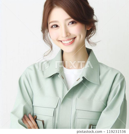 一個女人換上工作服擺姿勢 119231536