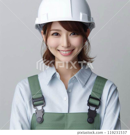 一名婦女換上工作服並戴上頭盔 119231537