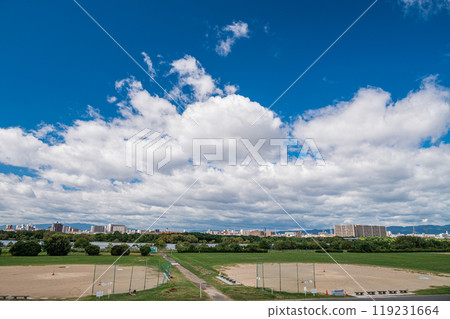 Yodo River scenery: Baseball field at Yodo River Park, Osaka City Yodo River scenery: Baseball field at Yodo River Park, Osaka City 119231664