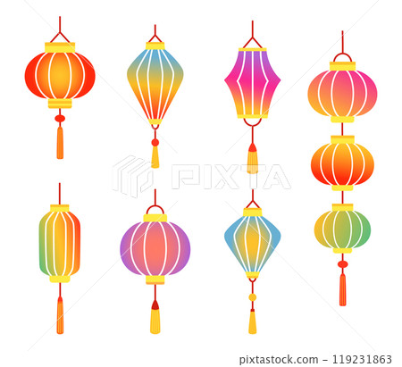 Chinese colorful holiday lanterns set. Asian trendy decoration. Design cartoon elements in flat style. Vector illustration 119231863