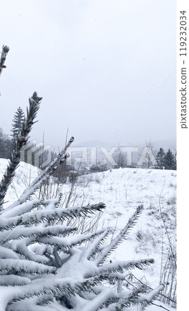 view of a snow-covered small town from the mountain view of a snow-covered small town from the mountain 119232034