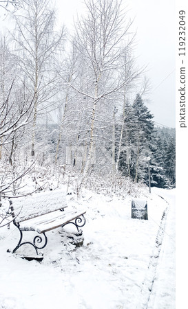a snowy park, a bench in the snow a snowy park, a bench in the snow 119232049