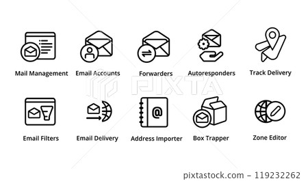 Email management account forwarder autoresponder mail filter box trapper zone editor icon collection set vector graphic illustration web hosting server management tools 119232262