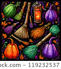 Halloween realistic sketch pumpkins, brooms, and a kerosene stove, on a black 119232537