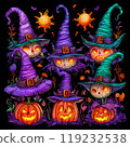 Halloween realistic sketch pumpkins in witch hats 119232538