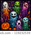 Sketch realistic funny Halloween ghosts on a black background 119232539