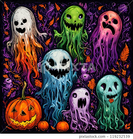 Sketch realistic funny Halloween ghosts on a black background Sketch realistic funny Halloween ghosts on a black background 119232539