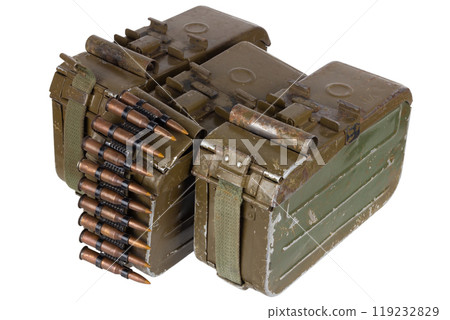 Ammo box with ammunition belt and 7.62 mm cartridges for kalashnikov PK or PKM machine gun isolated on white. 119232829