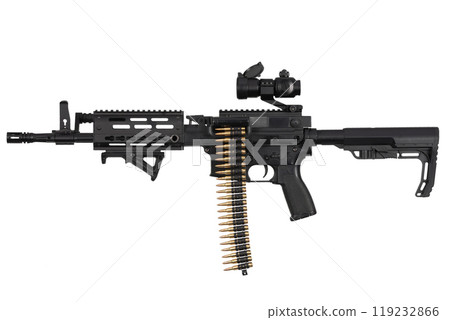 Carbine with belt-fed upper receiver that convert AR-15 or M16 from a standard, magazine rifle to light machine gun. Isolated on a white background Carbine with belt-fed upper receiver that convert AR-15 or M16 from a standard, magazine rifle to light machine gun. Isolated on a white background 119232866