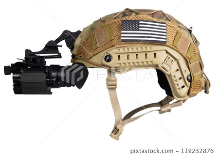 Night vision monocular on army helmet. 119232876