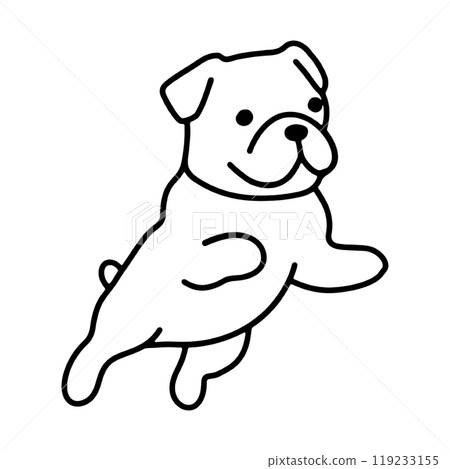 一隻飛行的鬥牛犬小狗的簡單線條畫圖，透明背景上的切口 119233155