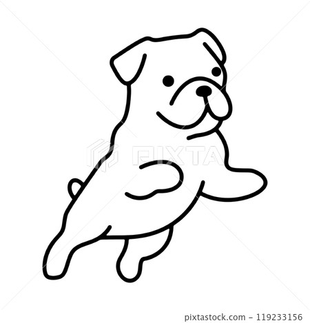 一隻飛行的鬥牛犬小狗的簡單線條畫圖，透明背景上的切口 119233156