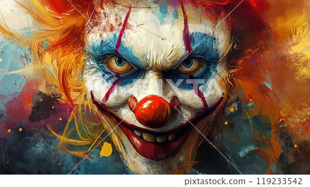Scary clown grinning menacingly with glowing eyes 119233542