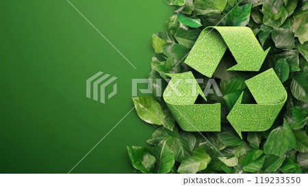 Green recycle symbol surrounded by lush foliage on green background 119233550