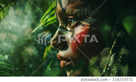 Young indigenous person wearing tribal makeup looking into jungle 119233572
