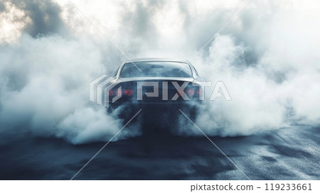 Black sports car burning rubber creating smoke cloud 119233661