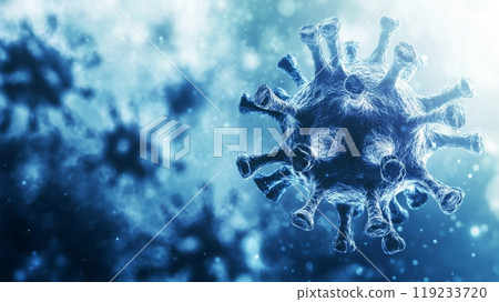 Microscopic virus closeup floating on a blue background 119233720