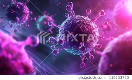 Microscopic view of coronavirus cells threatening human immune system 119233730