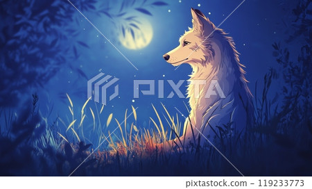 White wolf sitting in the grass under the moonlight 119233773