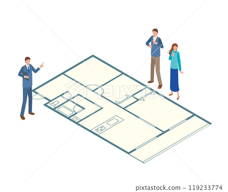 A man and a woman checking the floor plan with a real estate agent 119233774
