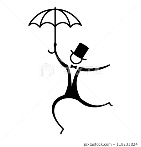 一幅簡單的線條畫插圖，描繪了一位英國紳士拿著雨傘漂浮在空中，在透明背景上剪下的圖 119233824