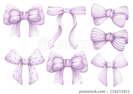 Watercolor set of isolated purple  bows on white background. Ribbons collection. Watercolor purple ribbon bow illustration for valentine, christmas, birthday, nursery, baby shower decorations. 119233951