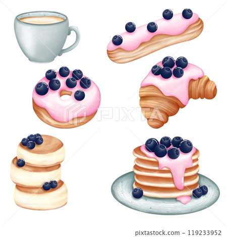 Watercolor set of delicious sweet breakfast with blueberrie.Watercolor dessert illustration isolated on white background. Holiday clipart for design of greeting cards,food design. 119233952