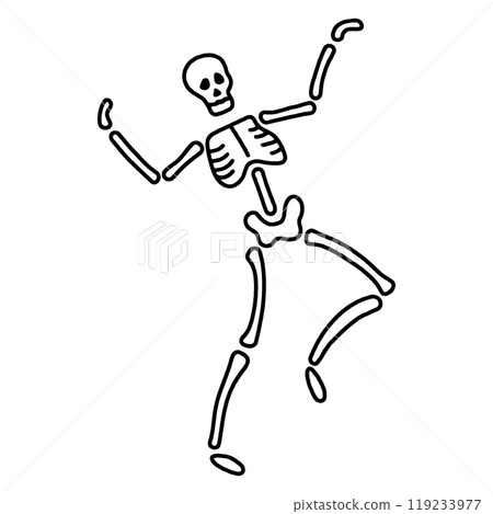 Hand-drawn line drawing of a skeleton in a comical pose, cut out on a transparent background 119233977