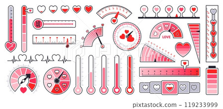 Cartoon love level meters. Red hearts gauges and scales, romantic feelings thermometers and indicators, valentines day decor elements, user interface. Minimalistic tidy vector flat isolated set Cartoon love level meters. Red hearts gauges and scales, romantic feelings thermometers and indicators, valentines day decor elements, user interface. Minimalistic tidy vector flat isolated set 119233999