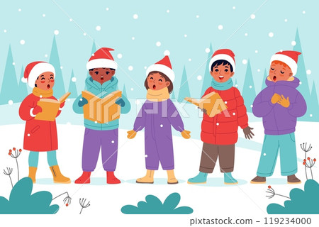 Children Christmas choir. Kids sing songs in winter landscape, boys and girls choristers in warm clothes, little vocalists. Merry Christmas, cartoon flat isolated illustration, vector concept 119234000