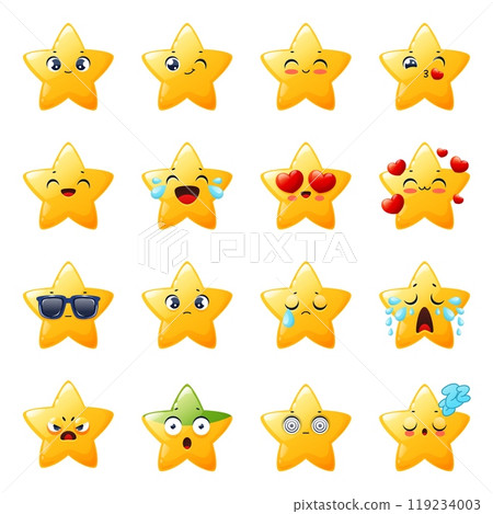 Cute smiley stars. Kawaii funny emoji, kids mascots with different emotions, sad, funny, angry faces, yellow cartoon characters, love, sleeping and surprised, emotional mood, vector isolated set 119234003