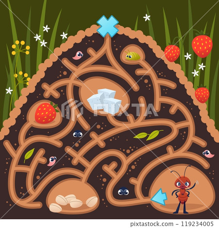 Kids game maze. Help little ant find right way to sugar, cute puzzle, development and education of children, cartoon anthill, tiny creatures, childish worksheet page, vector concept 119234005