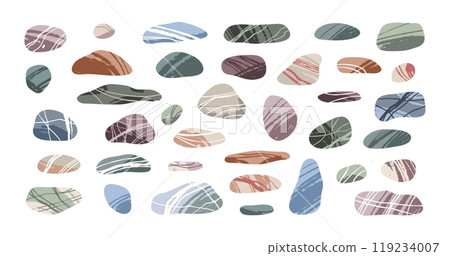 Smooth stones rolled with water. Pebble stones, rounded shapes, different textures, river coasts, seashore nature elements, sea nature, spa decorative shapes tidy vector isolated doodle set Smooth stones rolled with water. Pebble stones, rounded shapes, different textures, river coasts, seashore nature elements, sea nature, spa decorative shapes tidy vector isolated doodle set 119234007